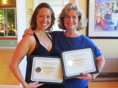 Elizabeth Wilson and ballroom training buddy, Kathy Wappel, show off their BDTC graduation certificates!